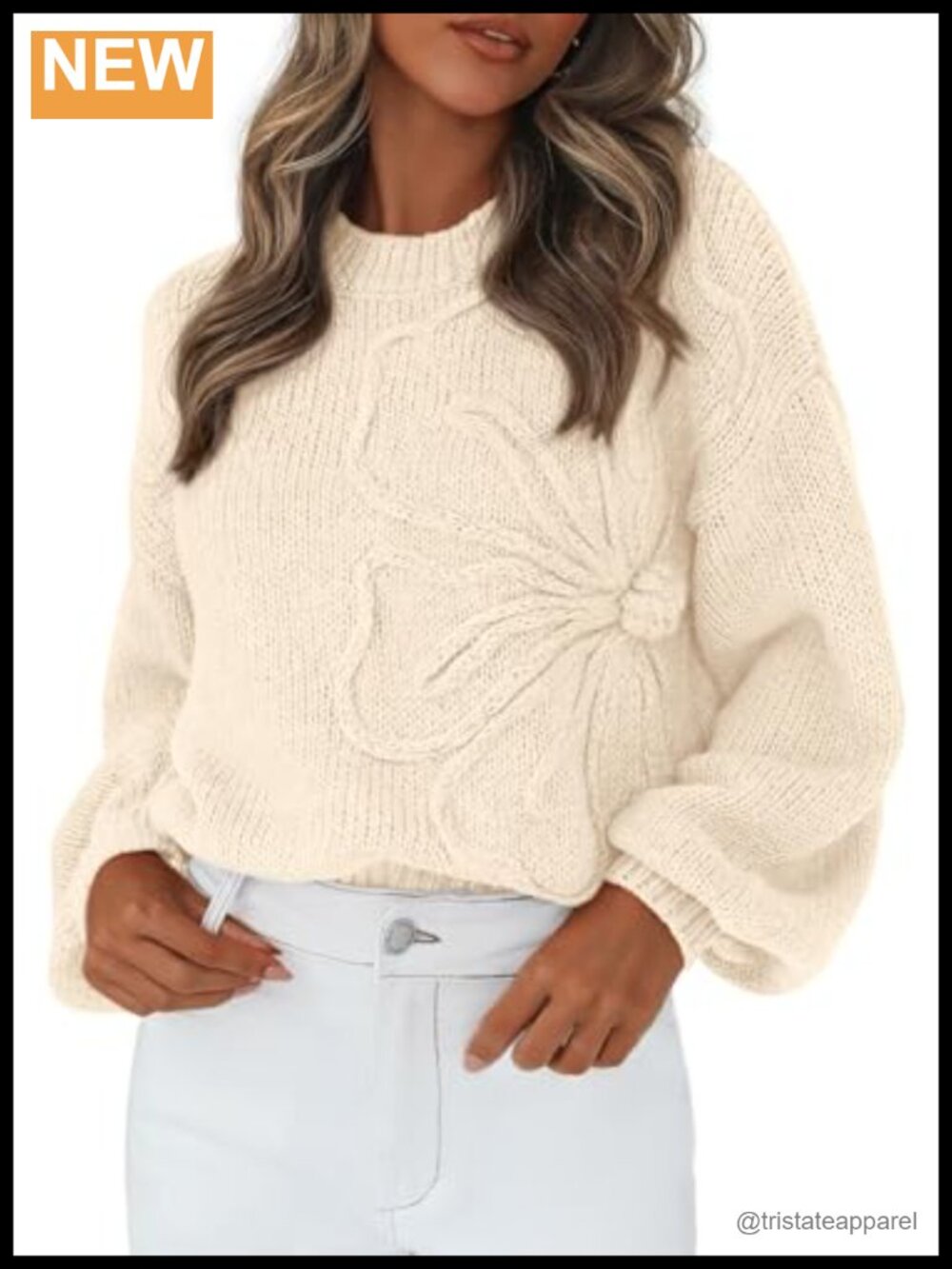 Oversized 3D Floral Knit Sweater - 70% Polyester 30% Acrylic Crew Neck Drop